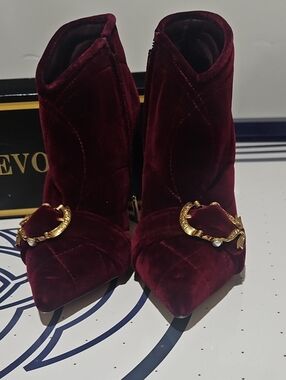 Dolce & Gabbana Burgundy Velvet Pointed Ankle Boots with Gold Buckle